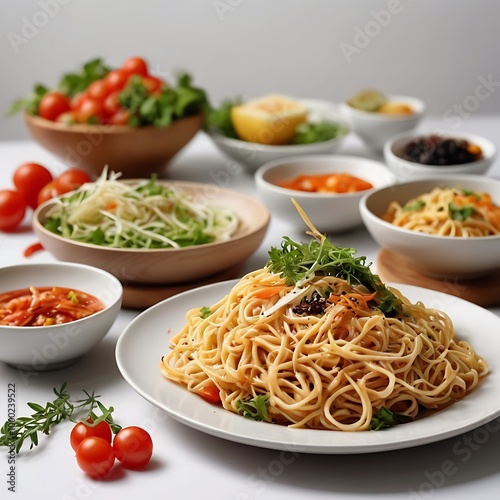 Delicious fresh fried Noodles with beef and vegetables assortment Served, Noodles with chicken and vegetables on a white background