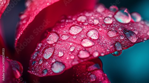  A macro shot of a flower, its petals speckled with water droplets, against a blue backdrop