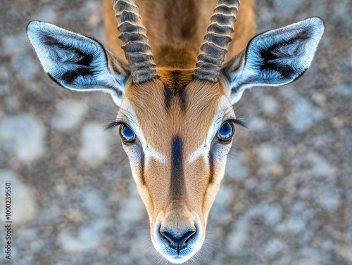 A curious antelope gazes upward, showcasing its striking features in the wild at dusk photo