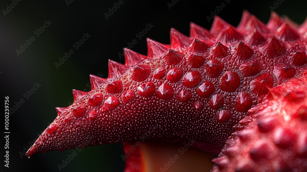 A red flower with dewdrops on petals, fully saturated..Or:..Up-close view of a red flower bedecked with water drople A red flower with dewdrops on petals, fully saturated..Or:..Up-close view of a red flower bedecked with water drople