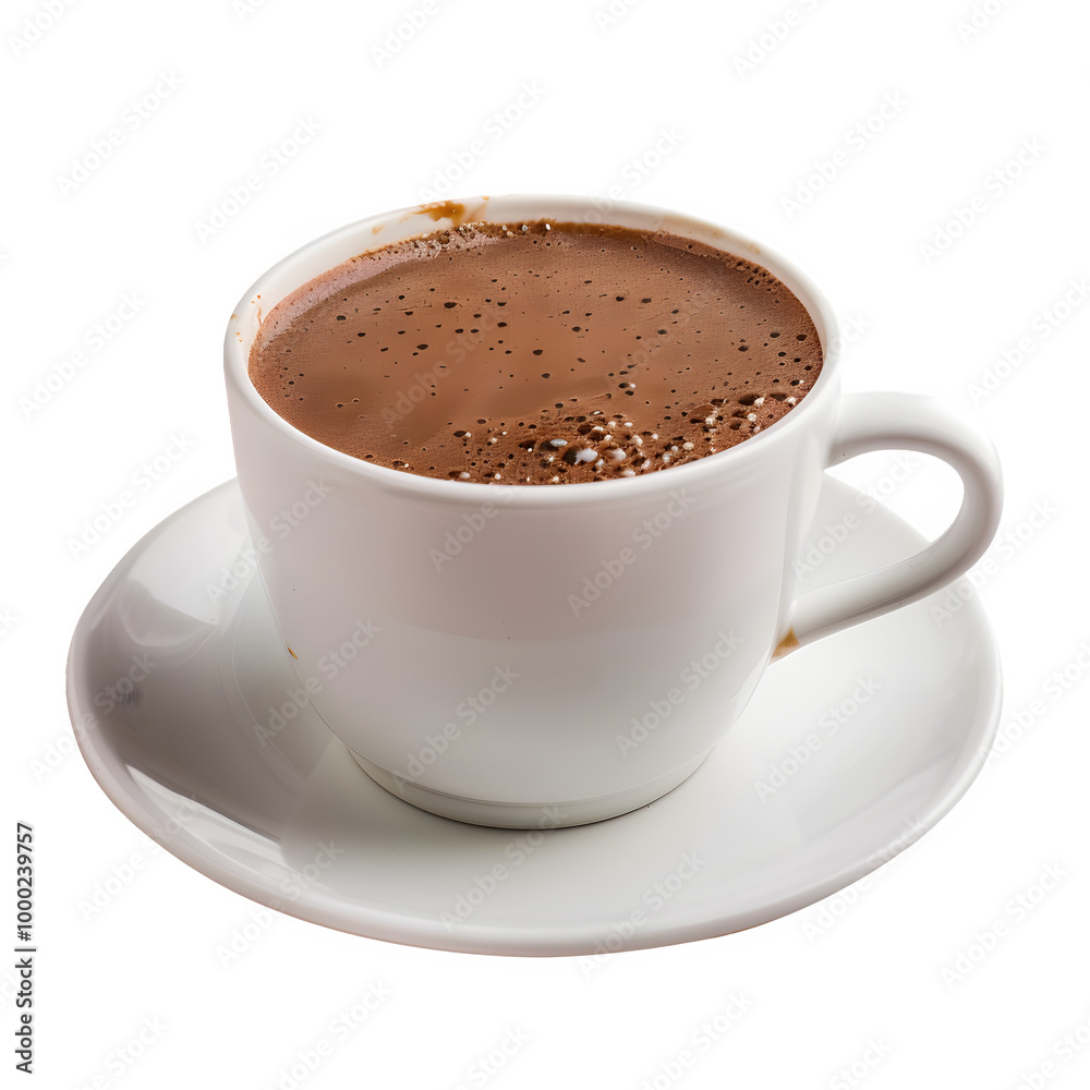 Warm mug of decadent hot cocoa in a pristine white cup on a saucer that matches, set against a clear background Warm mug of decadent hot cocoa in a pristine white cup on a saucer that matches, set against a clear background
