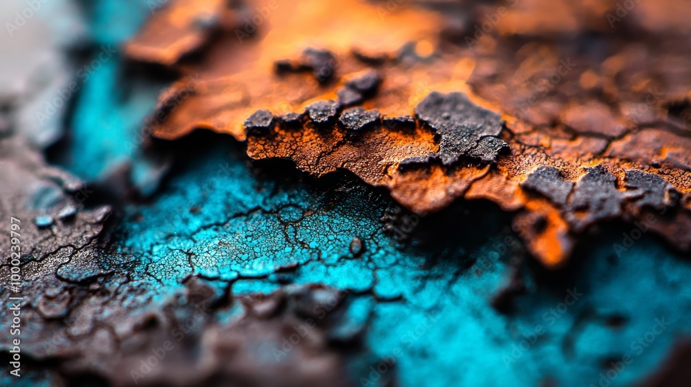 blue, orange, and brown painted, with specks of rust