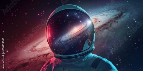 An astronaut's helmet reflects a swirling galaxy, their journey through space depicted with a vibrant, cosmic backdrop.