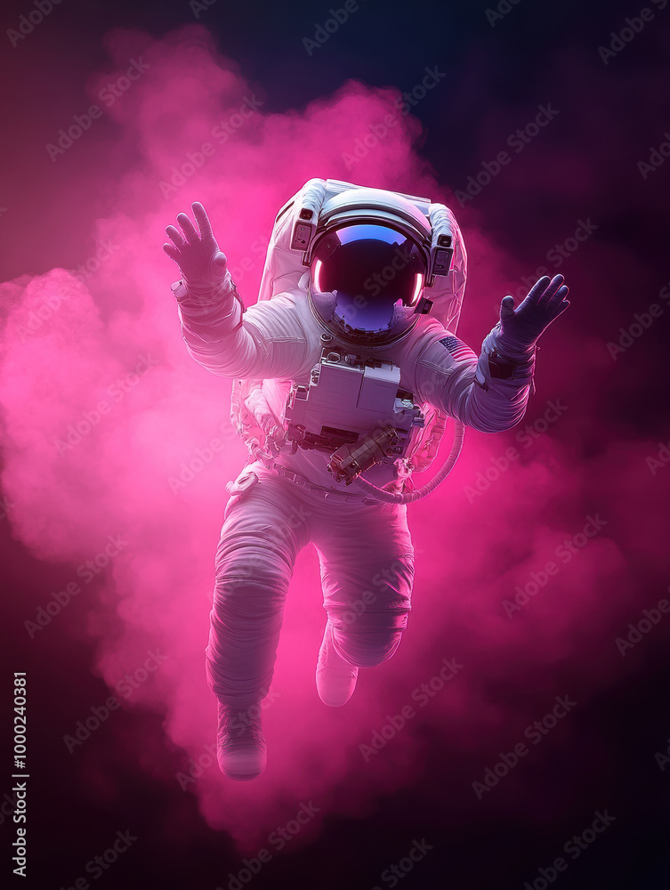 Fototapeta premium astronaut reaching out towards distant planet, surrounded by vibrant pink smoke, evokes sense of wonder and exploration in vastness of space