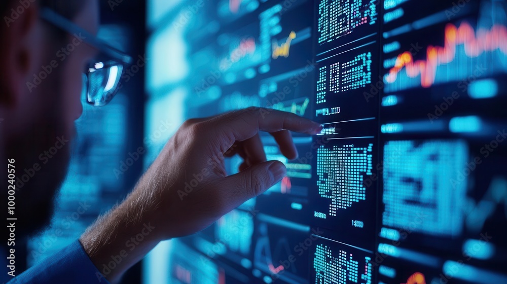 Big data visualizations displayed on digital screens, predictive algorithms analyzing future market behaviors Big data visualizations displayed on digital screens, predictive algorithms analyzing future market behaviors