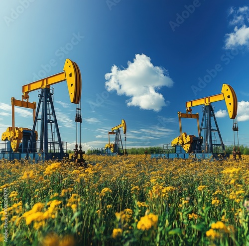 Lively oil pump jacks in a vibrant field under a bright blue sky showcasing oil extraction in a rural landscape