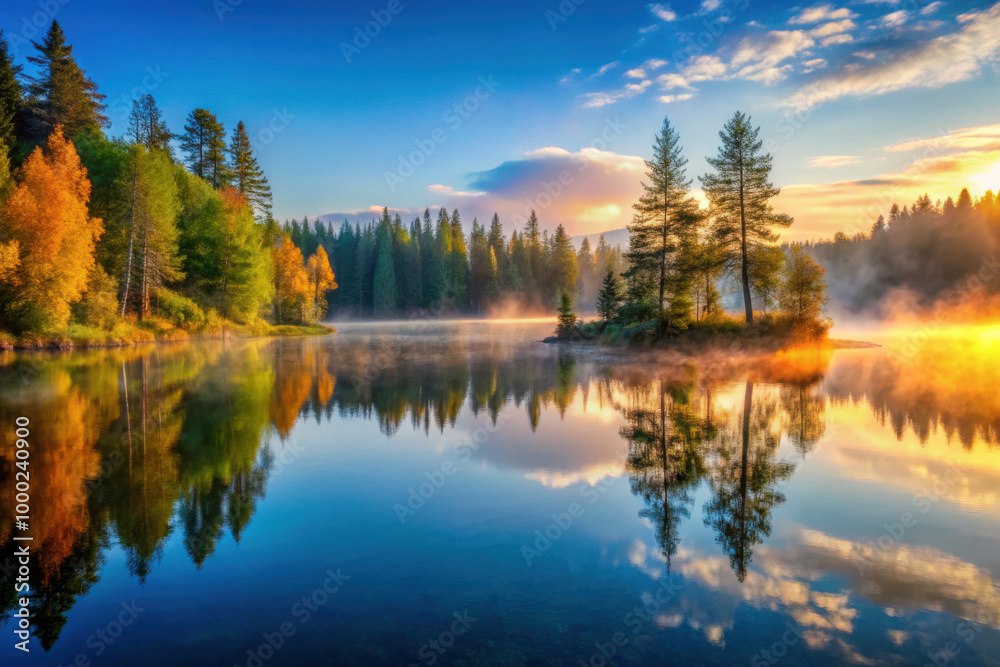 Fototapeta premium Majestic sunrise over a tranquil lake surrounded by vibrant autumn foliage and misty reflections in the crisp morning air. Generative AI