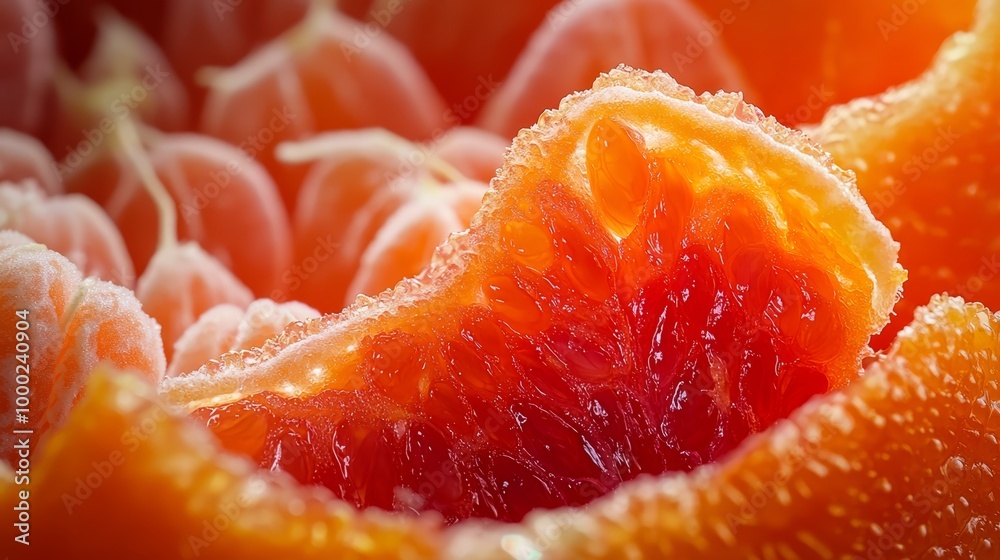 A tight shot of an orange, sliced in two, with halves revealing juicy sections Oranges in the backdrop remain whole Surface is dotted with water droplets A tight shot of an orange, sliced in two, with halves revealing juicy sections Oranges in the backdrop remain whole Surface is dotted with water droplets