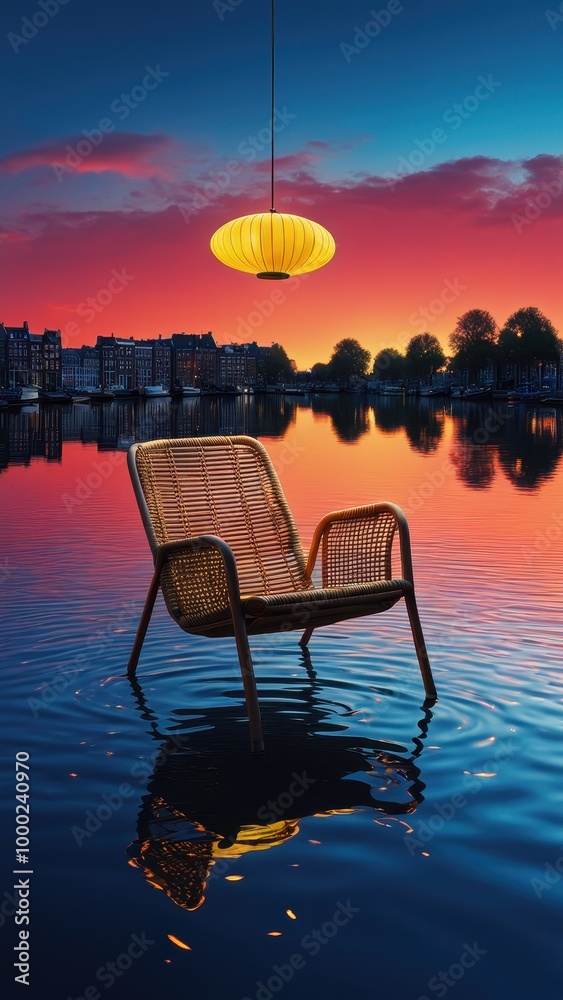 Fototapeta premium A chair floats on water under a glowing pendant light at sunset, creating a serene atmosphere.