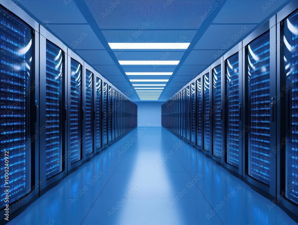 Fototapeta premium High-tech server center processing big data for real-time predictive models, visualizing future trends