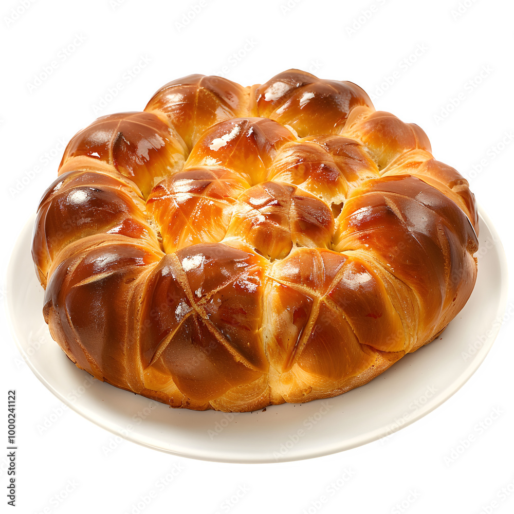 Perfectly baked round loaf of bread with a crispy golden crust, showcased on a clean white plate against a clear background, ideal for food and baking themes Perfectly baked round loaf of bread with a crispy golden crust, showcased on a clean white plate against a clear background, ideal for food and baking themes