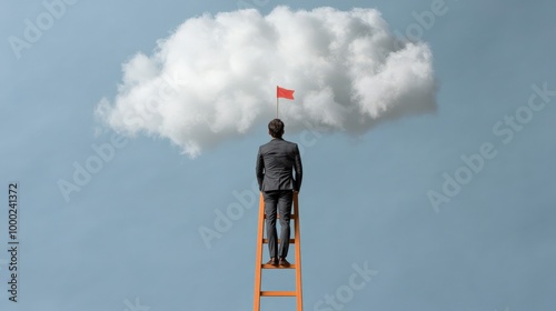 Business success concept: man on ladder reaching for cloud ambition photo