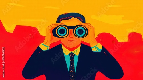 Businessman seeking new opportunities with binoculars in abstract urban setting photo