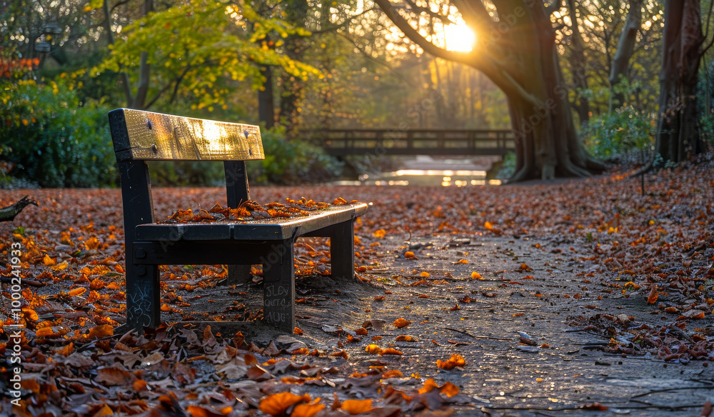 A bench is sitting in a park with a bridge in the background. The bench is empty and surrounded by fallen leaves. Scene is peaceful and serene, as the bench is a quiet spot to sit A bench is sitting in a park with a bridge in the background. The bench is empty and surrounded by fallen leaves. Scene is peaceful and serene, as the bench is a quiet spot to sit