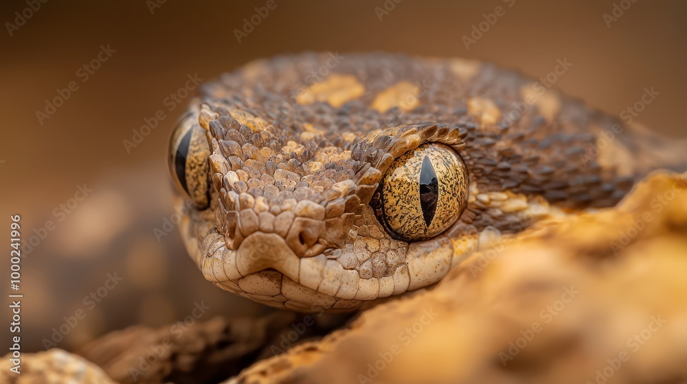 A tight shot of a snake's expressive face, its eyes wide open, and its head perched atop a weathered rock A tight shot of a snake's expressive face, its eyes wide open, and its head perched atop a weathered rock
