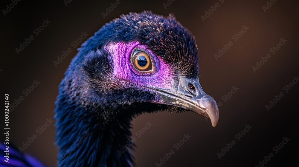 A tight shot of a bird's head portraying a vibrant hue scheme with shades of purple and blue on its visage A tight shot of a bird's head portraying a vibrant hue scheme with shades of purple and blue on its visage