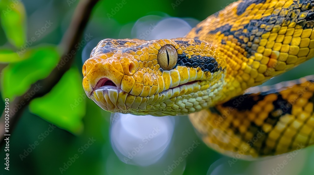 A tight shot of a yellow-and-black snake's head perched on a branch against a backdrop of emerald leaves A tight shot of a yellow-and-black snake's head perched on a branch against a backdrop of emerald leaves