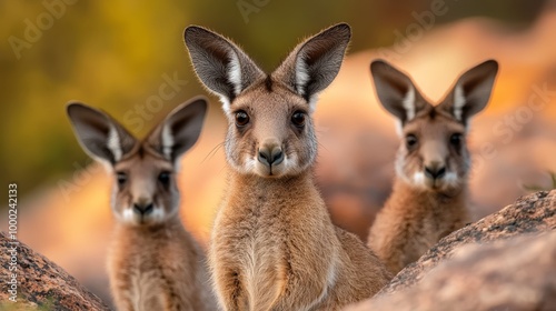  A group of kangaroos posed together atop a rocky outcropping under the sun