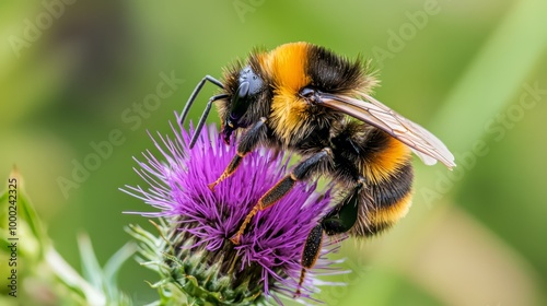  A bee hovering over a purple flower, grassy background softly blurred