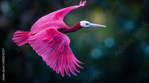  A pink bird flies in the air, wings spread wide, head tilted to the side photo