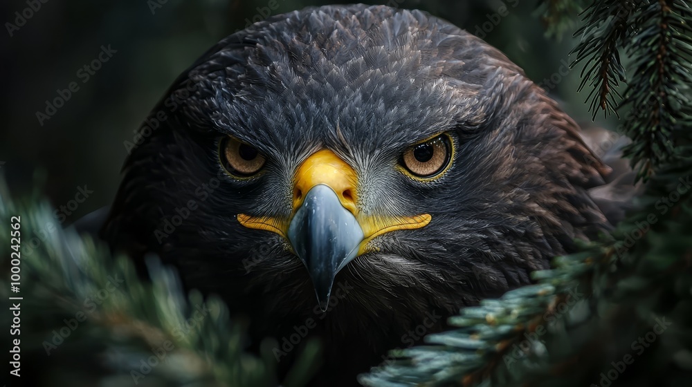 A tight shot of a raptor perched on a pine branch against a backdrop of a towering pine tree A tight shot of a raptor perched on a pine branch against a backdrop of a towering pine tree