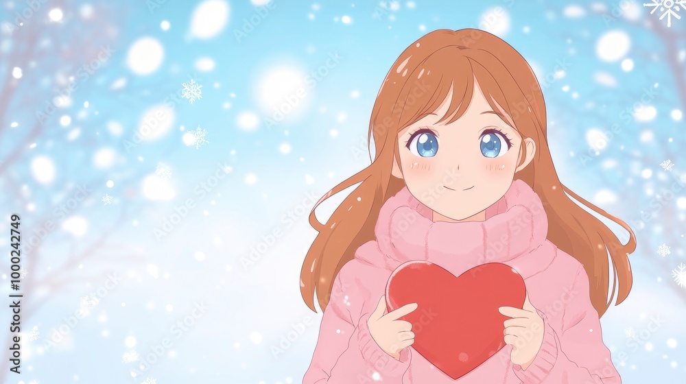 Cute anime girl holding a heart shaped gift box, wearing winter cloth, background with snowflakes Cute anime girl holding a heart shaped gift box, wearing winter cloth, background with snowflakes