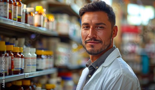 A man in a white lab coat stands in front of a shelf of medicine bottles. He is smiling and he is happy