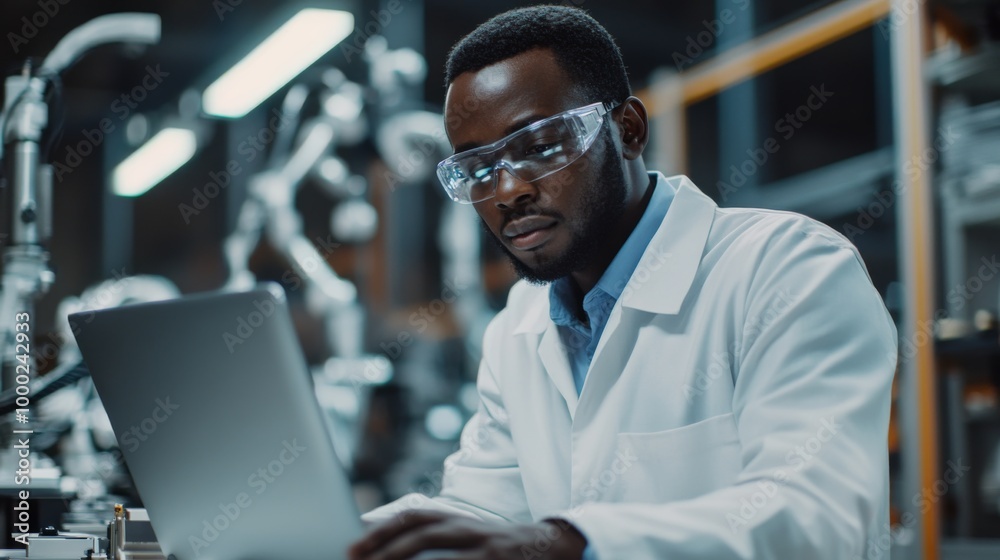 Scientist Wearing Safety Goggles Working on Laptop in Lab