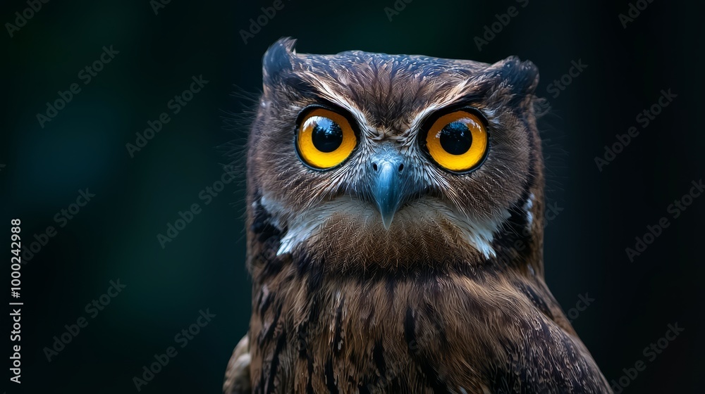 A tight shot of an owl's face reveals orange-yellow eyes set in the middle of its head A tight shot of an owl's face reveals orange-yellow eyes set in the middle of its head
