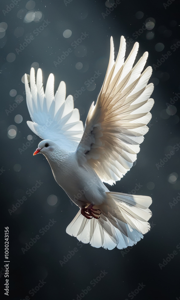 Fototapeta premium A white dove is flying in the sky. The image has a peaceful and serene mood, as the dove is a symbol of peace and freedom