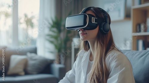 Young Woman Experiencing Virtual Reality at Home photo