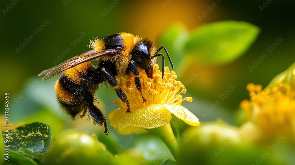 A bee hovering over a flower, petals dotted with water droplets, background softly blurred A bee hovering over a flower, petals dotted with water droplets, background softly blurred