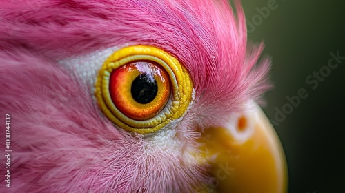  A tight shot of a pink parrot's eye with a yellow ring marking its center photo