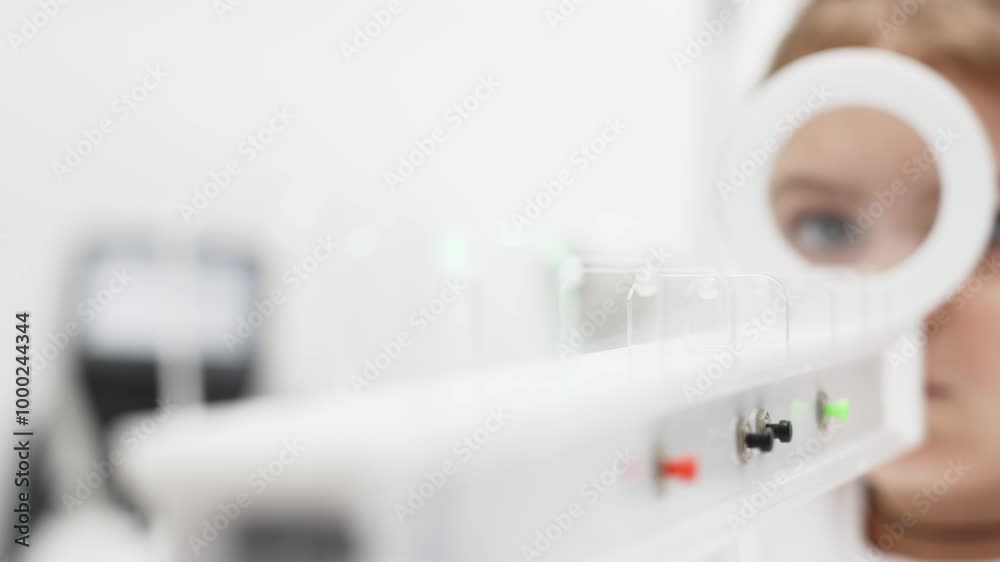 A little girl enjoys an engaging vision game on state-of-the-art ophthalmic equipment. The A little girl enjoys an engaging vision game on state-of-the-art ophthalmic equipment. The