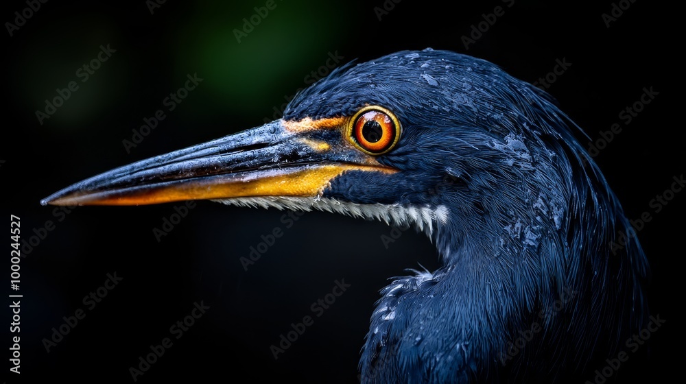 A tight shot of a bird's head against a black backdrop, its features distinct; surrounding, a blurred depiction of the avian head A tight shot of a bird's head against a black backdrop, its features distinct; surrounding, a blurred depiction of the avian head