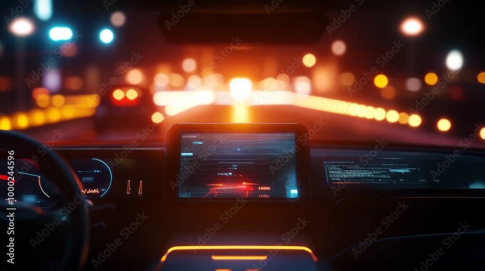 Fototapeta premium Smart car (HUD) concept. Empty cockpit in vehicle and Self-Driving mode car graphic screen with flare light