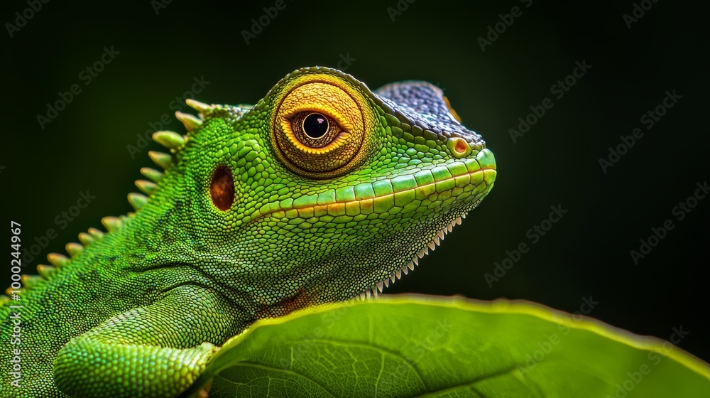  A tight shot of a green chameleon, its expression focused, holding a leaf in front of it against a backdrop of pure black