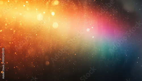 Blur colorful warm rainbow light leaks on black background with dust texture. Defocused abstract damaged scratched retro film analog effect for using over photos as overlay or screen filter