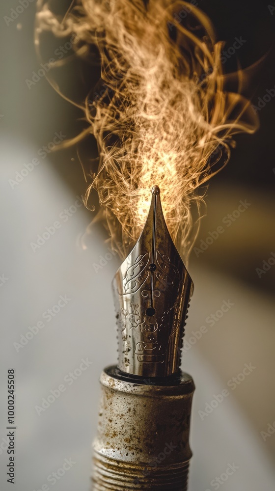 Hyperrealistic pen nib with fiery energy for creative inspiration Hyperrealistic pen nib with fiery energy for creative inspiration