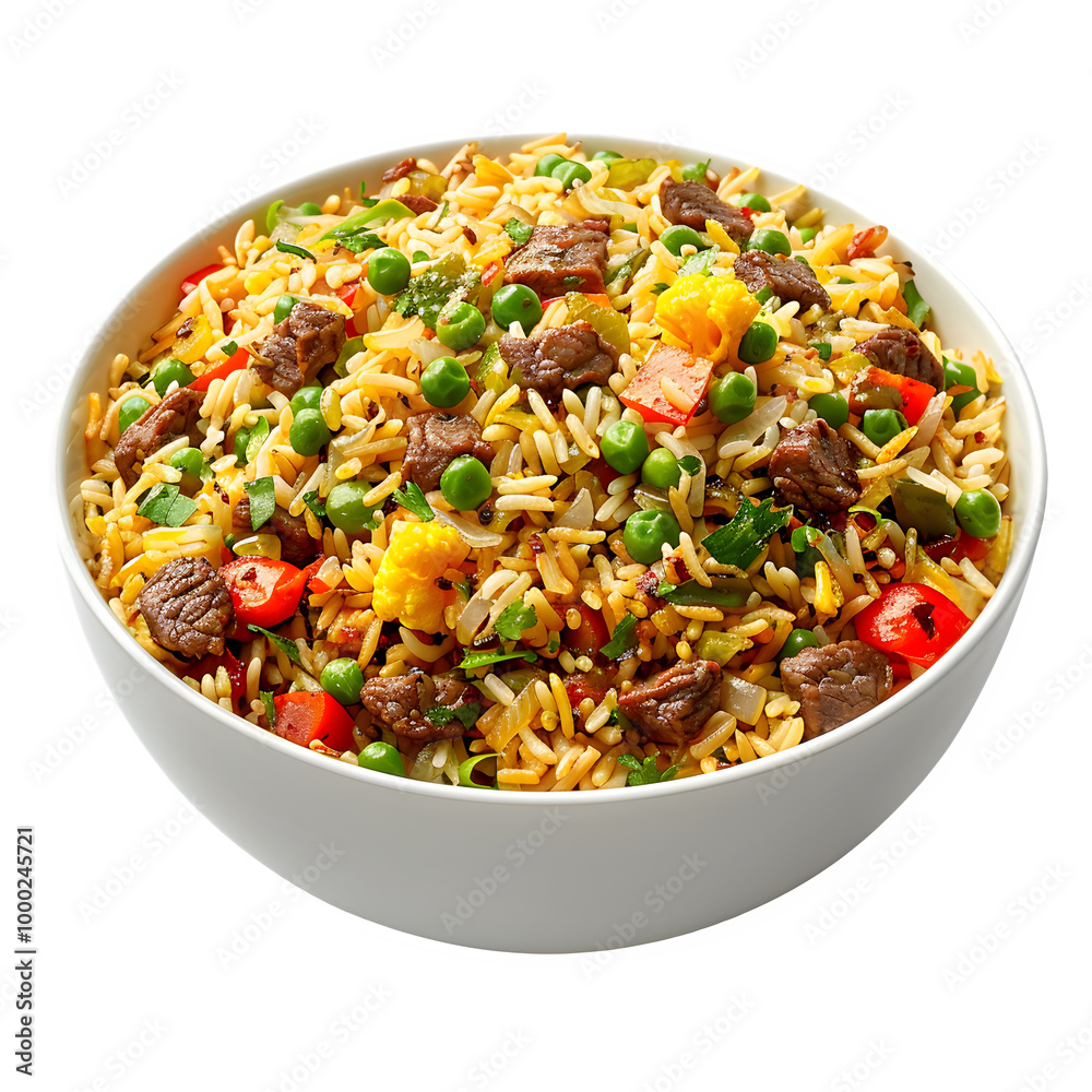Lively bowl of stir-fried rice with a mix of bright veggies and juicy beef, set against a see-through background for simple inclusion in different projects Lively bowl of stir-fried rice with a mix of bright veggies and juicy beef, set against a see-through background for simple inclusion in different projects