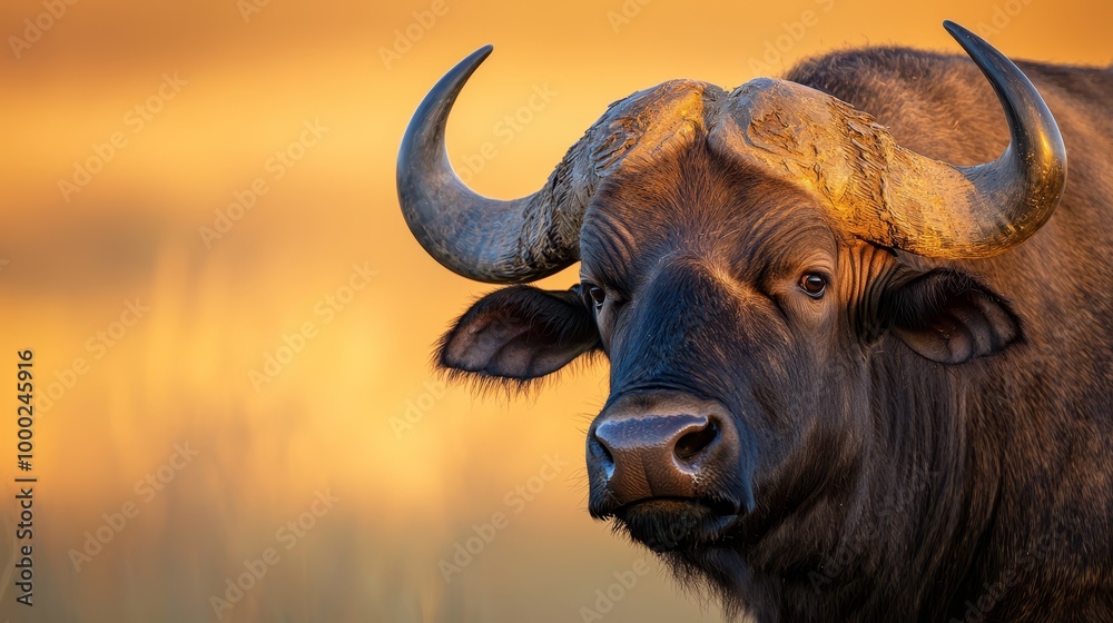 A tight shot of a bull's head featuring extended horns against a yellow backdrop A tight shot of a bull's head featuring extended horns against a yellow backdrop