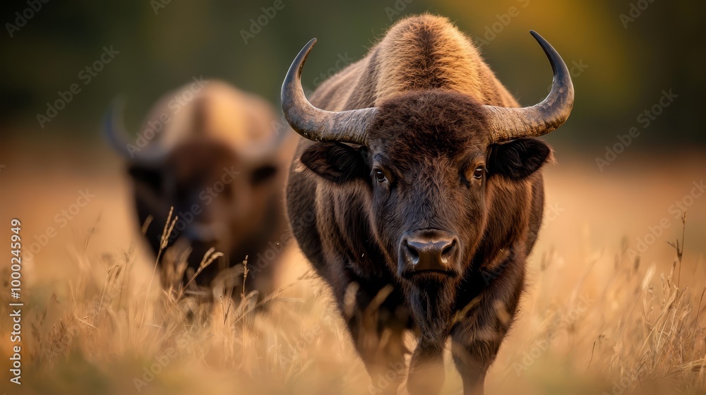 A couple of buffalo stand next to each other in a tall grass field, framed by trees in the background A couple of buffalo stand next to each other in a tall grass field, framed by trees in the background