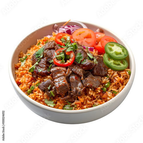 Tasty dish of zesty beef on a bed of rice, topped with crisp veggies and herbs, making a delicious and colorful meal