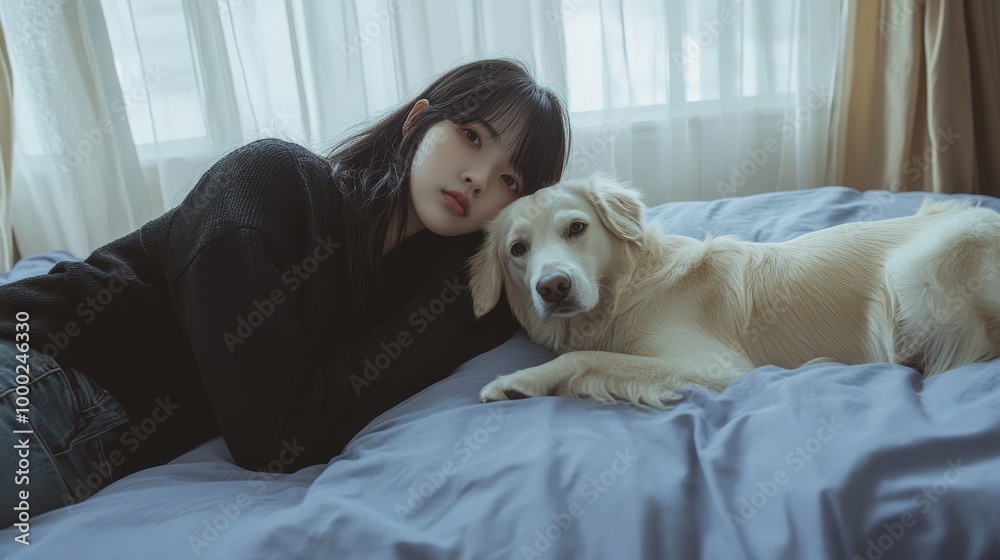 Obraz premium Peaceful moment with a dog during a cozy spring day indoors