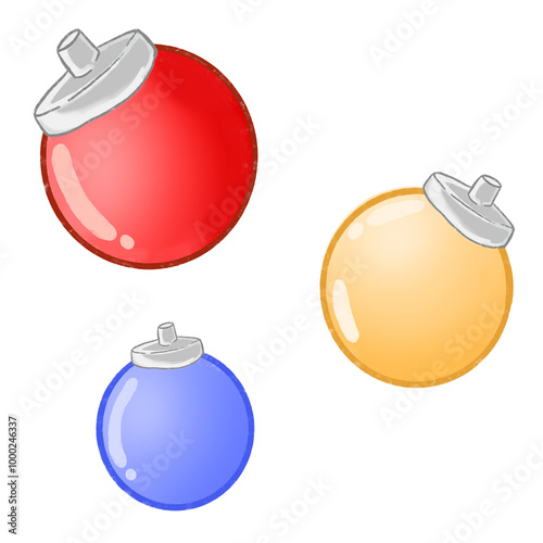 Set of three Christmas baubles in bright red, yellow, and blue colors Cartoon illustration of holiday decorations isolated on white background photo