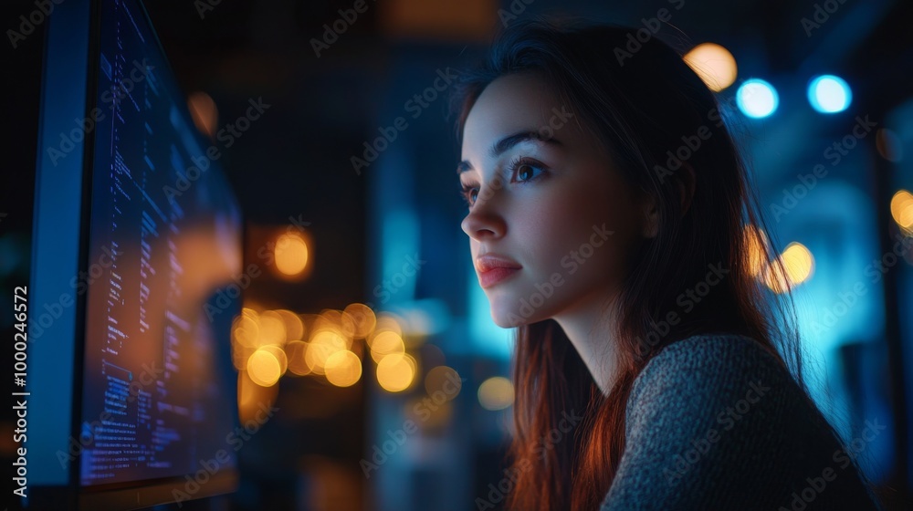Woman Working on Computer in Office at Night Woman Working on Computer in Office at Night