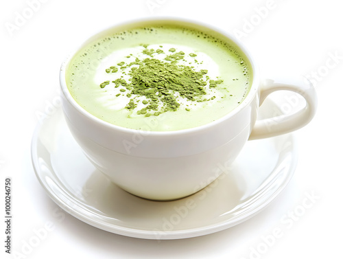 Japanese hot matcha greentea latte on top with latte art in white background picture