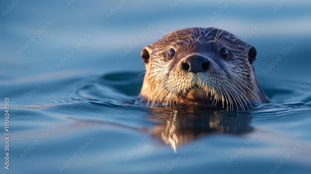 A close-up of a sea otter swimming, head above water's surface A close-up of a sea otter swimming, head above water's surface