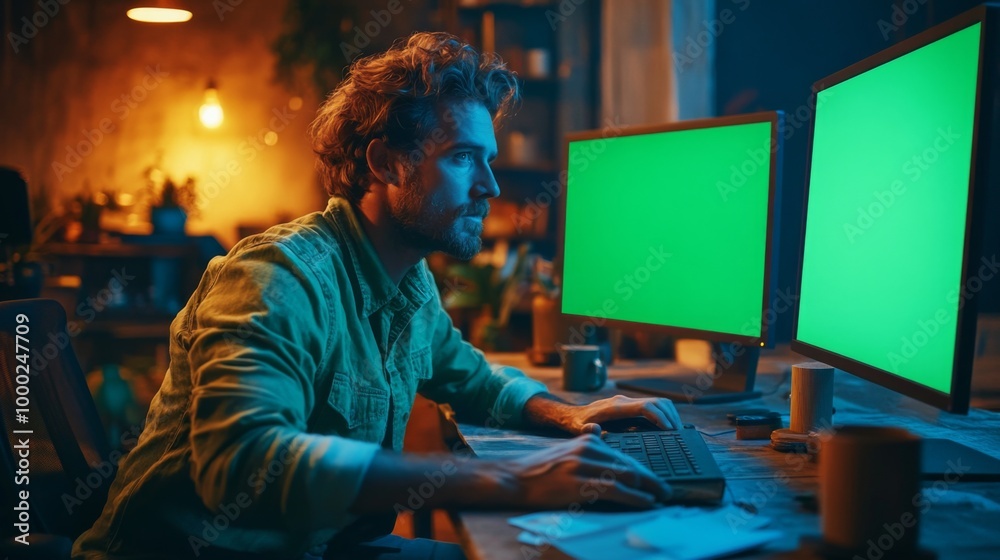 Man Working Late in Cozy Home Office Man Working Late in Cozy Home Office