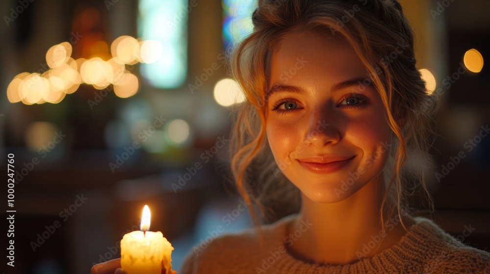 Woman Holding Candle in Church Woman Holding Candle in Church